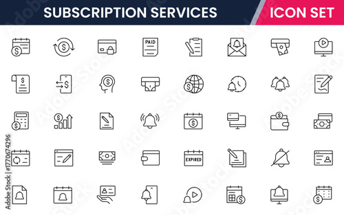 Subscription Services vector web line icon collection, sleek illustrations of plans, payments, memberships, digital access for modern, streamlined designs.