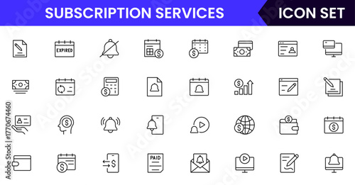 Subscription Services vector web line icon collection, sleek illustrations of plans, payments, memberships, digital access for modern, streamlined designs.