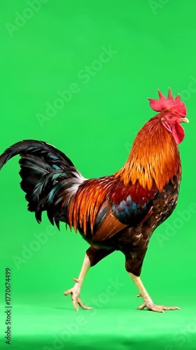 A colorful rooster walks against a green backdrop. Its feathers are shades of red, orange, black, and blue