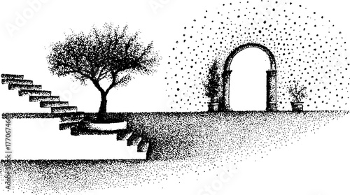 Minimalist winter courtyard design with trees, stairs, and archway in black and white stipple effect
