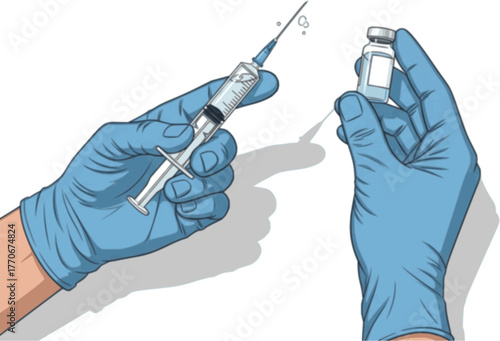 Illustration of hands of medical personnel preparing syringe with vaccine for intramuscular injection
