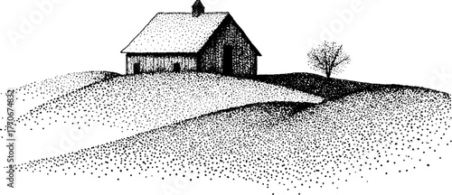 Black and white illustration of modern barn house on rolling hills with tree