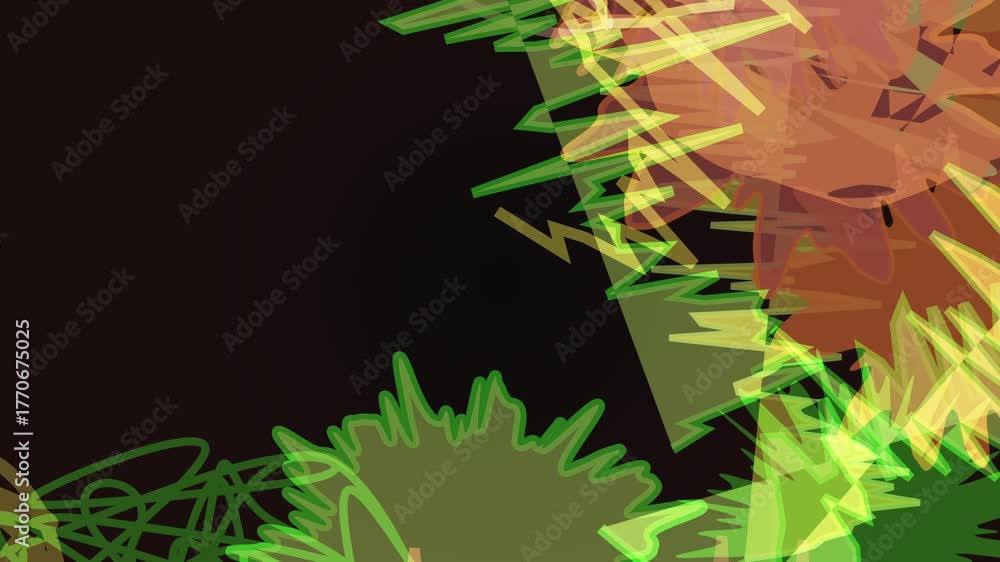 Abstract digital art with sharp green and yellow geometric shapes overlapping chaotic scribbles on a dark background