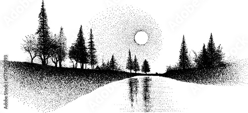 Black and white moonlit landscape with reflecting icy river and trees