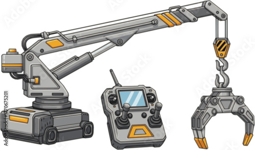 Illustration of a remote control crane designed for precision work in construction and industry.
