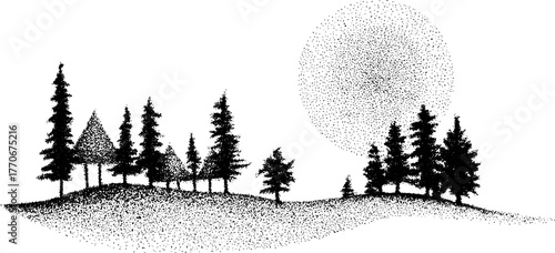 Serene moonlit forest clearing in black and white for nature design