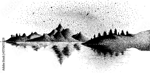 Tranquil mountain reflection in frozen lake with pine forest and starry sky