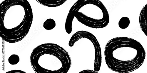 Minimalist black and white abstract pattern with chaotic circles and dots