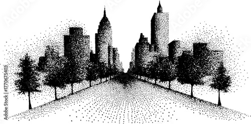 Urban cityscape in black and white stipple illustration design for posters