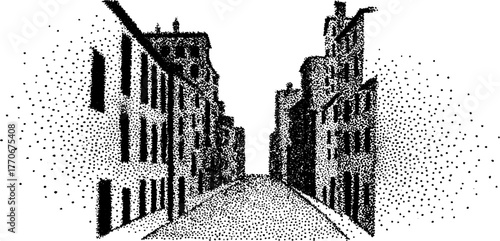Charming urban scene in black and white dotwork art - narrow street between tall buildings perspective