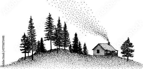 Black and white northern forest cabin scene for rustic decor
