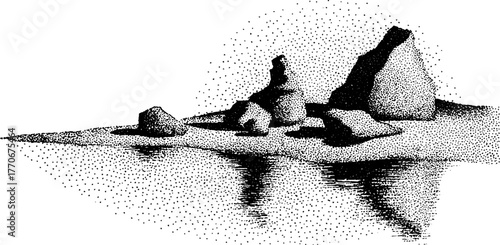 Abstract landscape with neon reflections in black and white stipple art