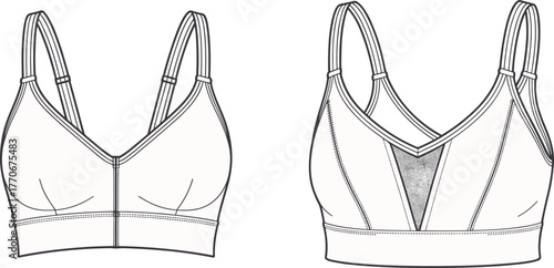 Fashionable women’s sports bra design front and back view, modern lingerie illustration, activewear clothing template for fashion designers and manufacturers
