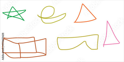 Collection of colorful hand drawn geometric and abstract shapes on a white background