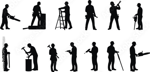 Construction worker silhouettes with tools, industrial labor concept illustration, engineering and building teamwork, professional tradesmen performing various construction activities