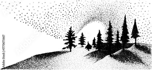 Black and white northern lights landscape with pine trees and hills