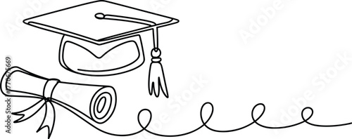 Graduation cap and diploma scroll line art, minimalist education concept illustration, academic success symbol, achievement and learning celebration design