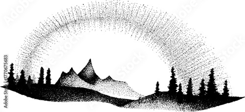 Black and white northern lights above mountain landscape with halftone effect