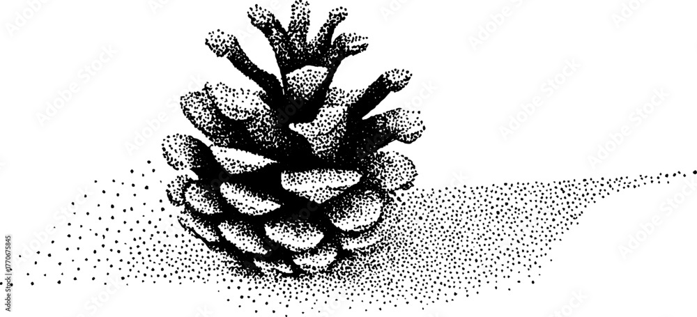 Fototapeta premium Winter pinecone with snow caps in vintage halftone style for seasonal design