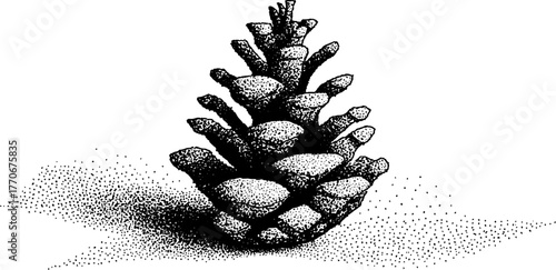 Black and white pinecone with snow caps - vintage christmas design for winter decor