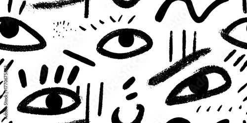 Minimalist abstract design featuring black and white eye patterns for modern art projects