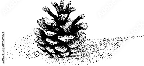 Winter pinecone with snow caps in vintage halftone style for seasonal design
