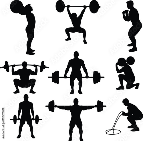 Weightlifting and fitness training silhouettes, gym workout poses, bodybuilding exercise illustration, strength athlete lifting barbell vector design for motivation