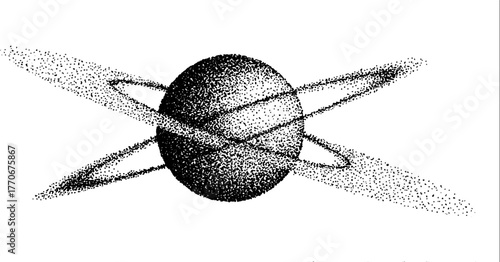 Black and white conceptual illustration of planet with snow-like rings