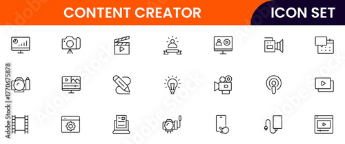 Content creator vector web line icon collection, sleek illustrations of cameras, pens, laptops, creative tools for vibrant, innovative designs.