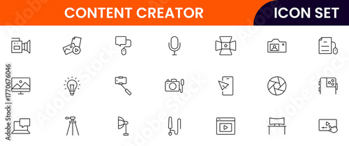 Content creator vector web line icon collection, sleek illustrations of cameras, pens, laptops, creative tools for vibrant, innovative designs.