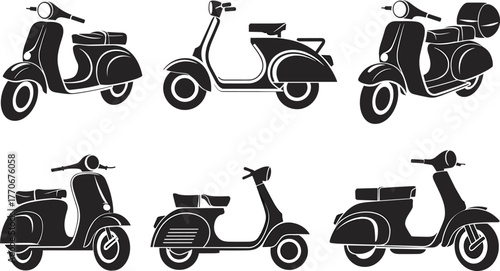 Vintage scooter collection silhouette illustration, classic retro motorcycle vector design, transportation, travel, mobility, urban commuting, and lifestyle concept