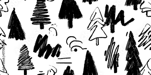 Minimalist abstract fir tree pattern in black and white for design