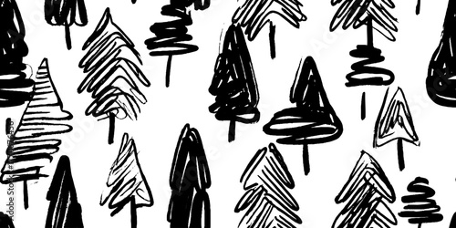 Minimalist abstract pattern of fir trees in black and white for design projects
