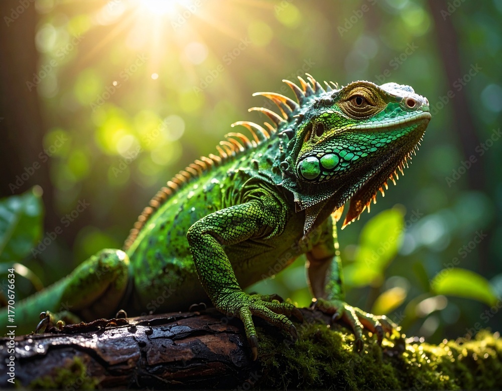 Fototapeta premium A stunning oranye iguana with beautifully textured skin crawls across a wet fallen log in a lush forest. Its vibrant scales contrast with the damp wood, capturing a vivid moment of tropical wilderness