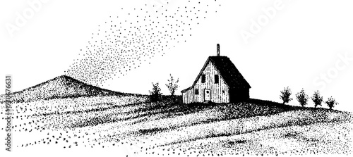 Black and white landscape with small triangular house and rolling hillside