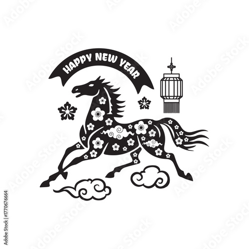 Black and white lunar new year 2026 horse chinese zodiac sign vector