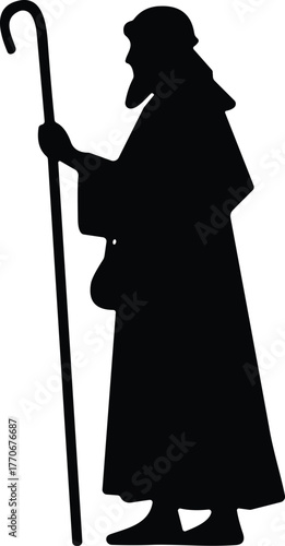 Silhouette of shepherd holding staff walking peacefully, traditional biblical figure illustration, religious icon design, spiritual concept artwork for faith and worship