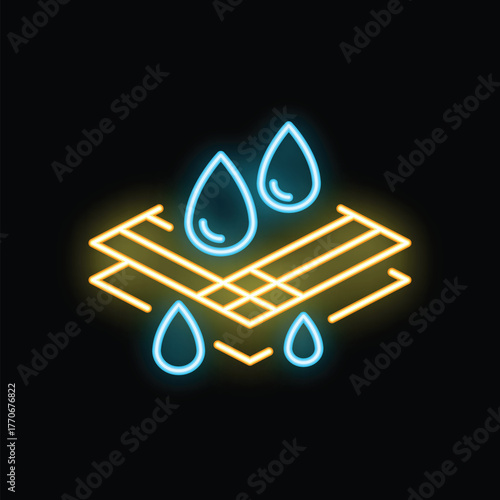 Bright neon icon depicting water drops bouncing off a surface, representing a waterproof or water resistant material
