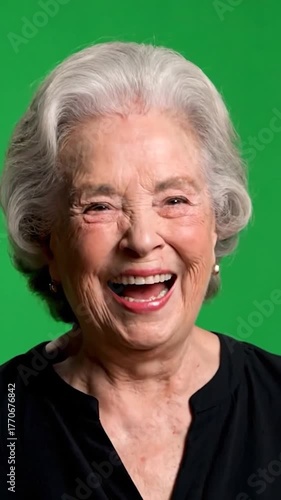 Elderly woman laughing joyfully on a green screen background