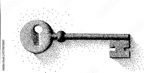 Snow-covered key in black and white dotwork illustration