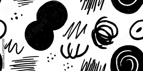 Minimalist abstract black and white graphite pattern with chaotic scribbles and spots design