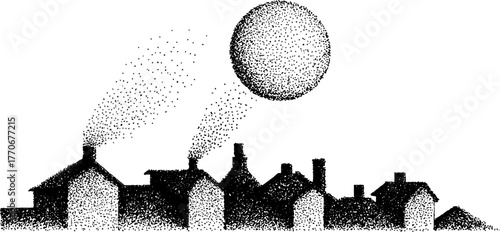 Black and white winter scene of snowy rooftops under a bright sun - ideal for seasonal design projects