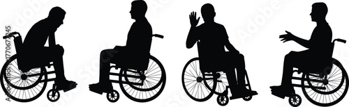 Flat vector silhouette of disabled person in wheelchair showing various gestures, body language, communication, posture, interaction, accessibility, inclusion