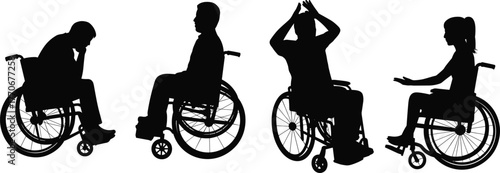 Flat vector silhouette of wheelchair users expressing emotion, frustration, communication, posture, interaction, disability, accessibility, inclusion, gesture, diversity