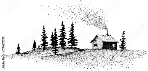 Serene winter landscape with solitary cabin and snowy pines in black and white