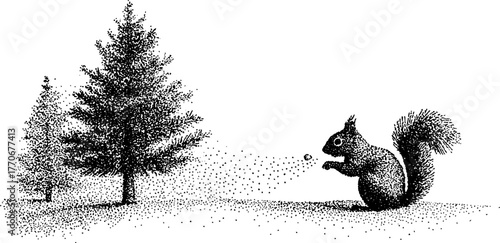 Black and white squirrel illustration with glowing acorn in forest scene