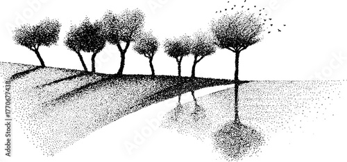 Black and white dotwork illustration of solitary tree line with mirrored reflection for art prints