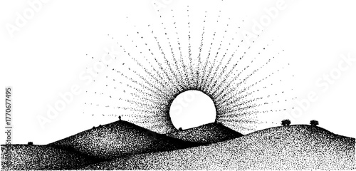 Star shining brightly over distant hills in vintage black and white design for posters