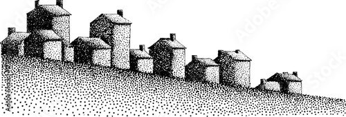 Black and white illustration of modern townhouses on sloped street