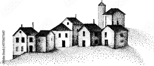Black and white illustration of modern townhouses street with stipple effect for architectural design